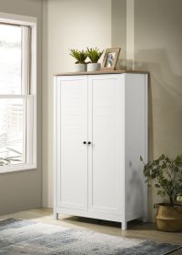 Claire White Storage Cabinet with Oak Accent Finish and Framed Slatted Panel Design